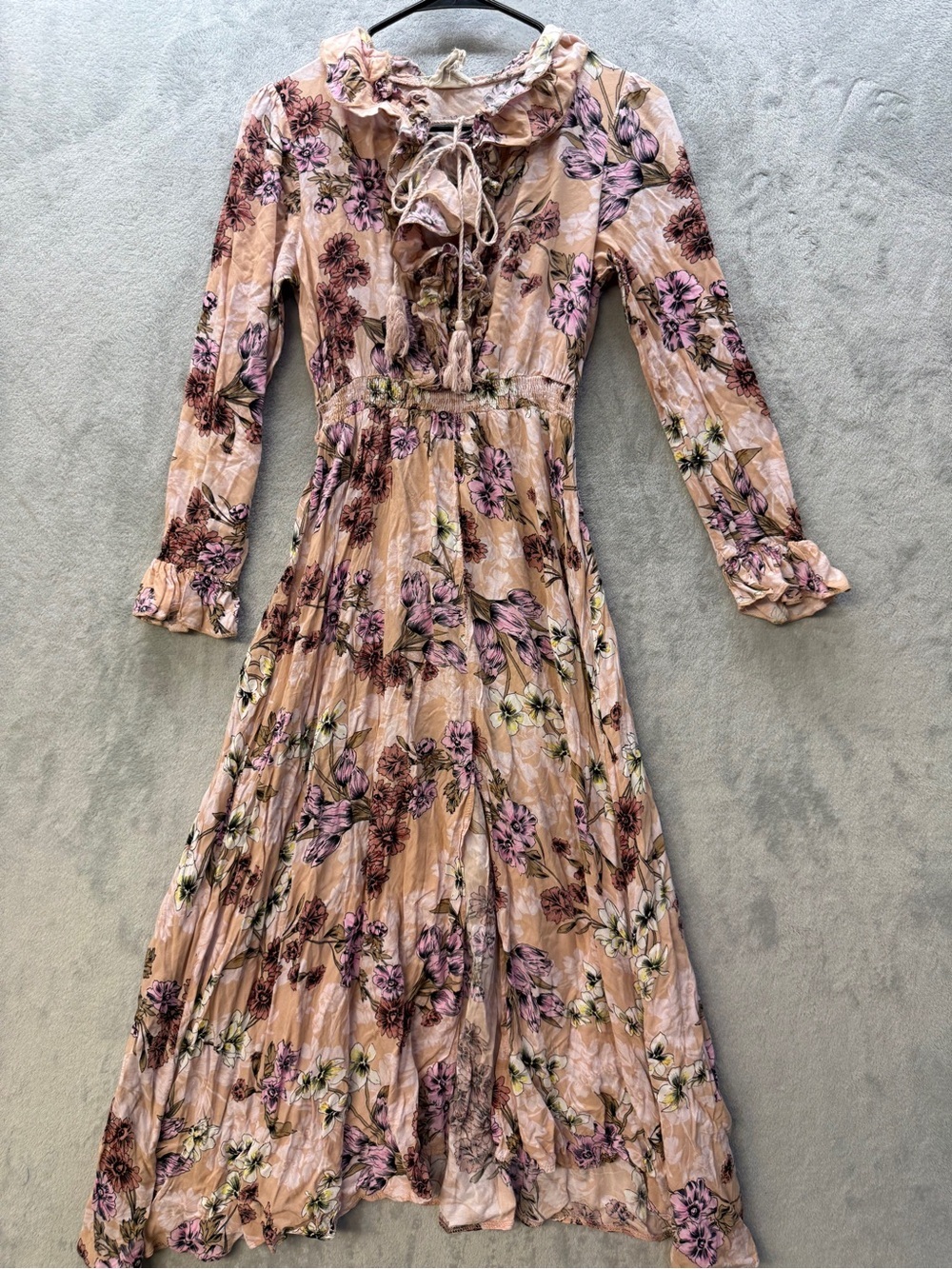 Summer Dress Size S/M Blush Floral Tie-Front Long Sleeve Maxi Dress
